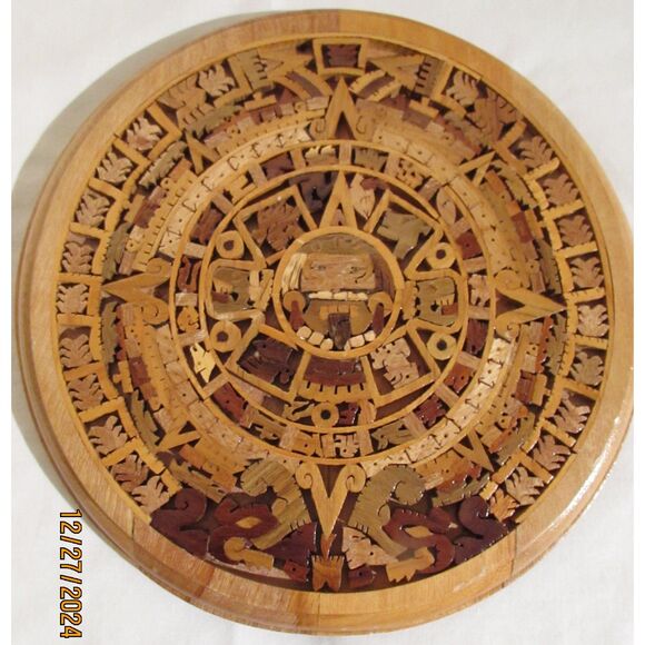 Aztec Mayan inlaid mosaic wood calendar wall hanging Mexico carved gallery wall - Picture 3 of 6
